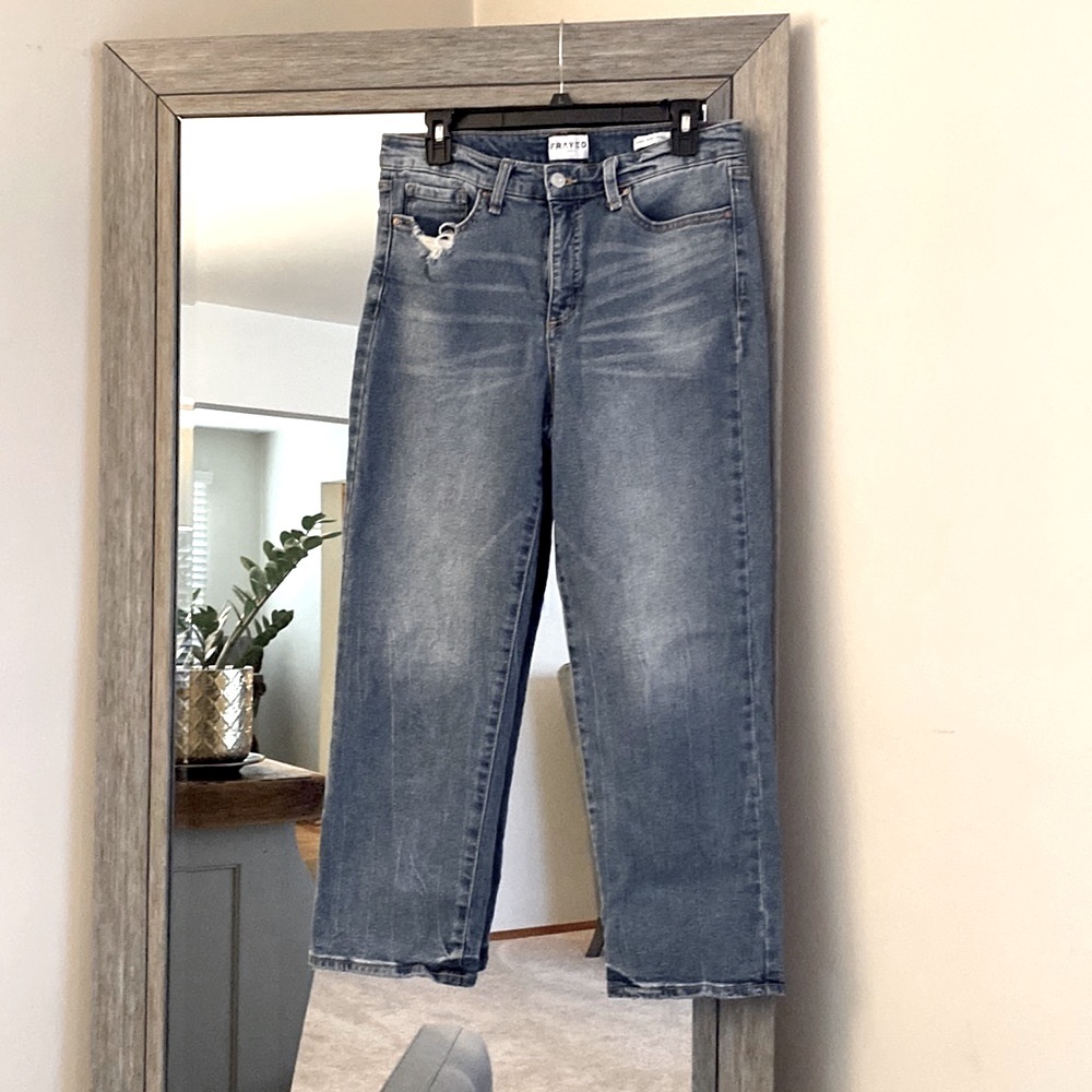 Frayed Jeans, 30, high rise straight light wash distressed jeans, great style!!